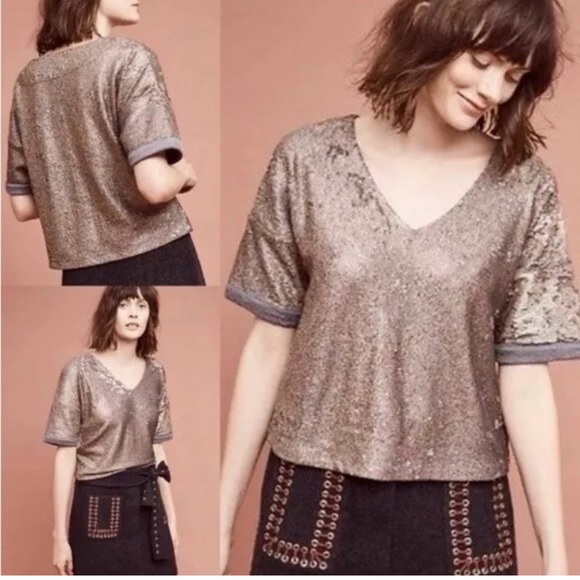 Anthropologie NWT Deletta Sequin Cropped Boxy Oversized Holidays Top Small - Picture 2 of 16